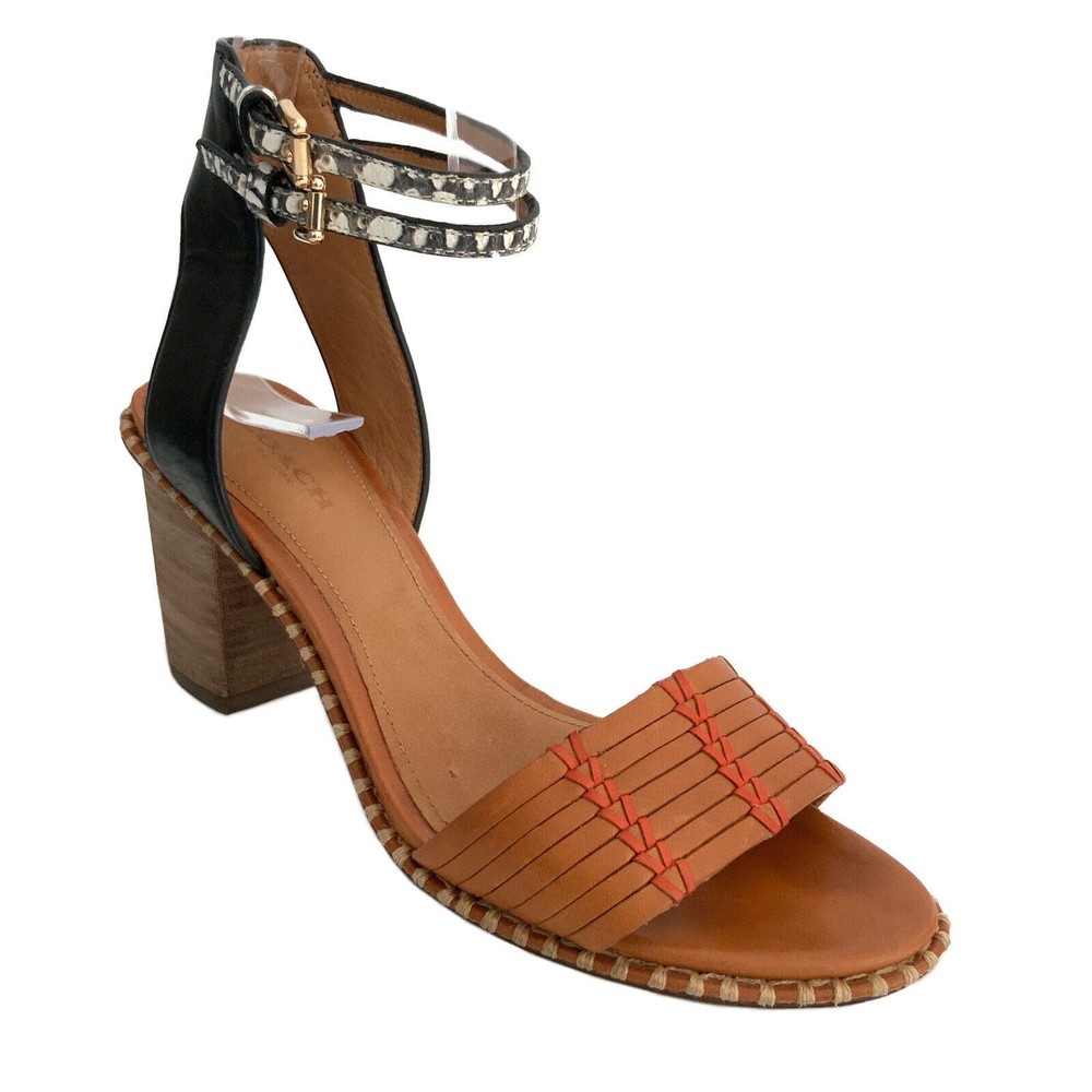 Coach Sandals Women Size 6B Tan Black Leather Pexton Open-toe Strappy
